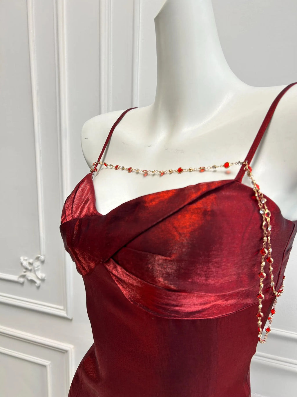 Mermaid Prom Dress With Crystal Spaghetti Straps Red Ruffle Hem Custom Fit For Teens Prom Night