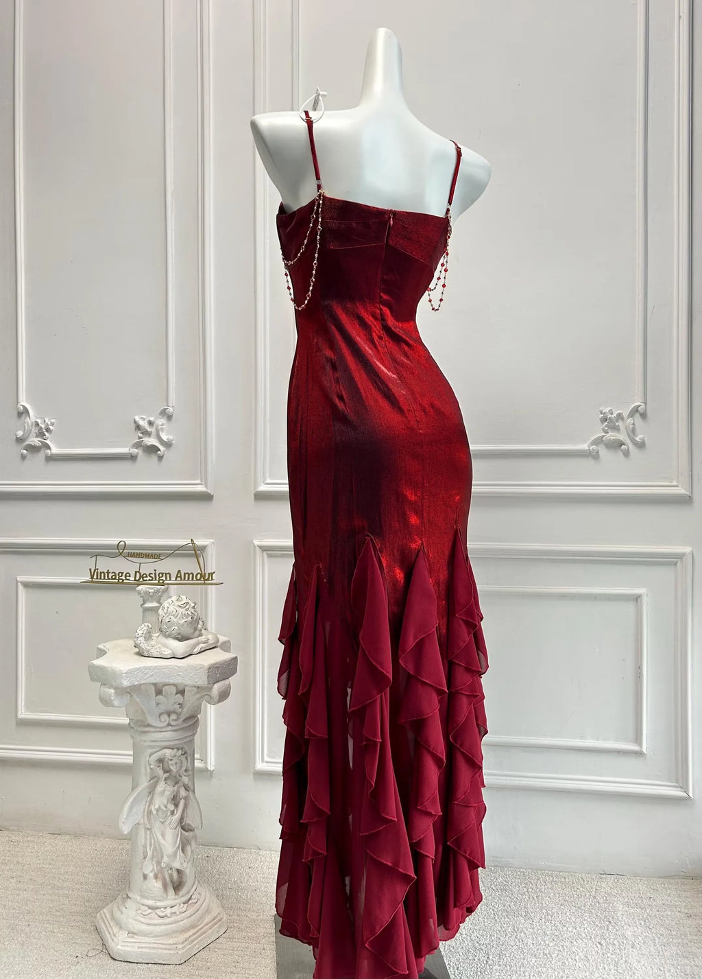Mermaid Prom Dress With Crystal Spaghetti Straps Red Ruffle Hem Custom Fit For Teens Prom Night