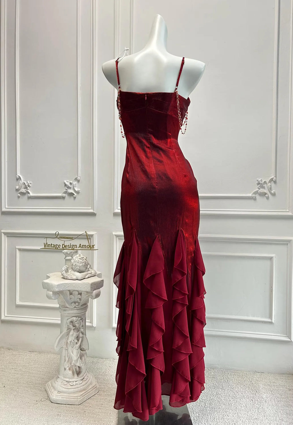 Mermaid Prom Dress With Crystal Spaghetti Straps Red Ruffle Hem Custom Fit For Teens Prom Night