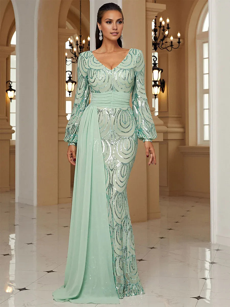 Pretty Mermaid V Neck Long Sleeve Zipper Up Sweep/Brush Train Prom Dress