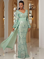 Pretty Mermaid V Neck Long Sleeve Zipper Up Sweep/Brush Train Prom Dress