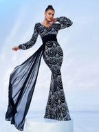 Pretty Mermaid V Neck Long Sleeve Zipper Up Sweep/Brush Train Prom Dress