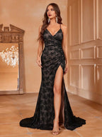 Pretty Mermaid V Neck Sleeveless Backless Chapel Train Prom Dress