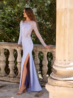 Pretty Scoop Neck Long Sleeves Mermaid Slit Sequins Sweep Train Prom Dress