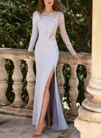 Pretty Scoop Neck Long Sleeves Mermaid Slit Sequins Sweep Train Prom Dress