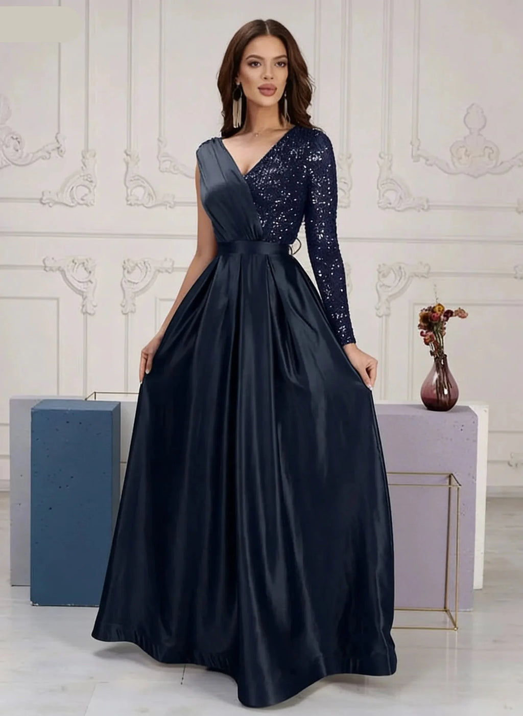 Graceful V-Neck Long Sleeves A-Line Sequins Long Prom Dress