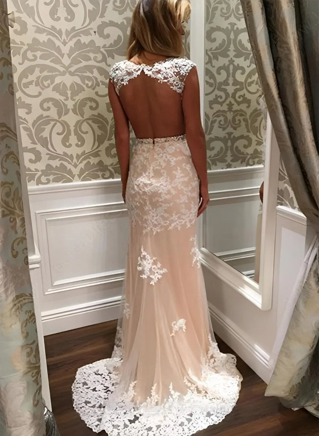 Pretty Scoop Neck Sleeveless Sheath Appliques Sweep Train Wedding Dress