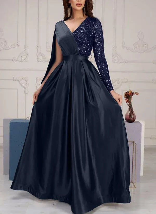 Graceful V-Neck Long Sleeves A-Line Sequins Long Prom Dress