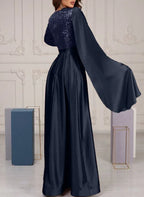 Graceful V-Neck Long Sleeves A-Line Sequins Long Prom Dress
