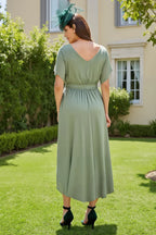 Pretty Sheath Boat Neck Short Sleeve V Back Asymmetrical-Length Mother of the Bride Dress