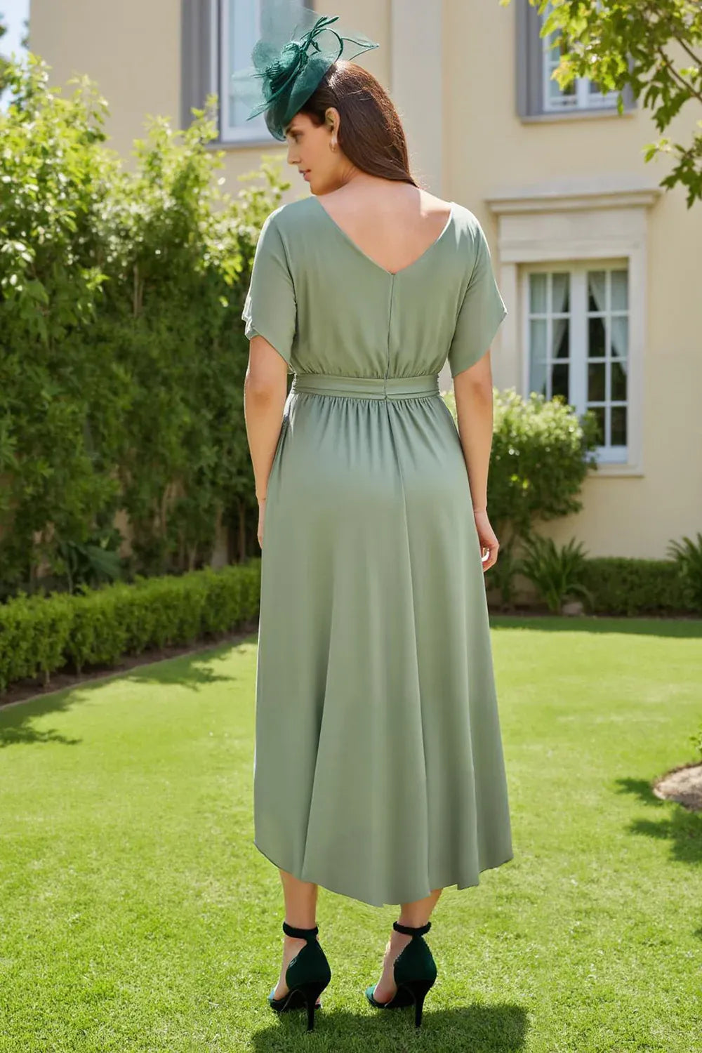 Pretty Sheath Boat Neck Short Sleeve V Back Asymmetrical-Length Mother of the Bride Dress