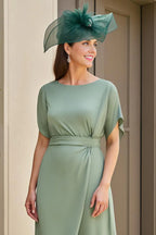 Pretty Sheath Boat Neck Short Sleeve V Back Asymmetrical-Length Mother of the Bride Dress