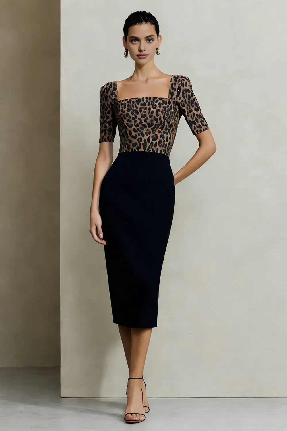 Pretty Sheath Square Neck Short Sleeve Leopard Print Tea-Length Prom Dress