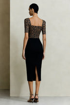 Pretty Sheath Square Neck Short Sleeve Leopard Print Tea-Length Prom Dress