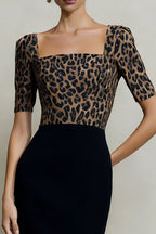 Pretty Sheath Square Neck Short Sleeve Leopard Print Tea-Length Prom Dress