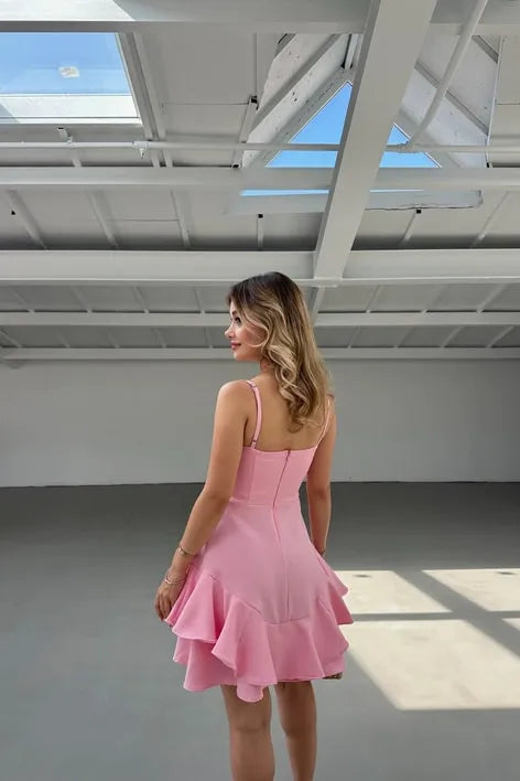 Pretty Spaghetti Straps Sleeveless A Line Ruffles Short-Mini Homecoming Dress
