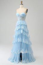 Pretty Sweetheart Sleeveless Princess Tiered Slit Long Prom Dress