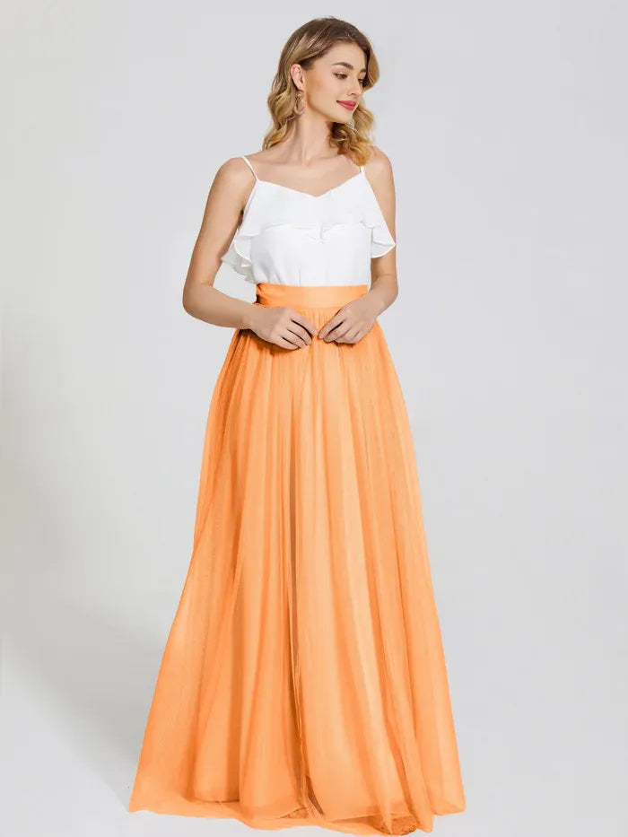 Pretty Two Pieces Spaghetti Straps Sleeveless Tulle Floor-Length Bridesmaid Dress