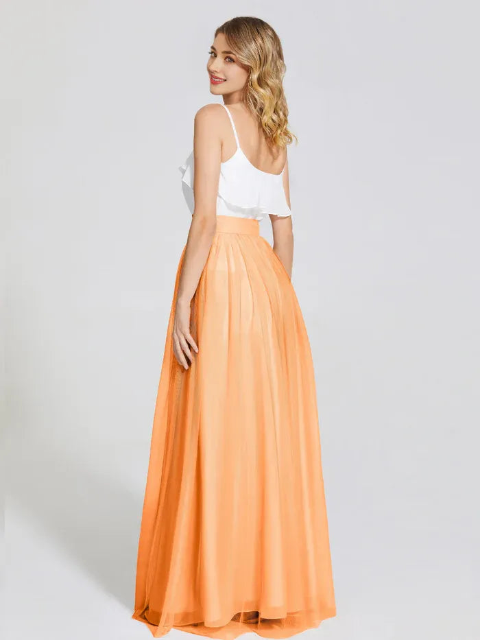Pretty Two Pieces Spaghetti Straps Sleeveless Tulle Floor-Length Bridesmaid Dress
