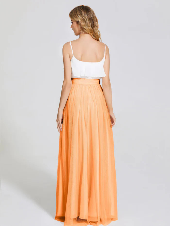 Pretty Two Pieces Spaghetti Straps Sleeveless Tulle Floor-Length Bridesmaid Dress
