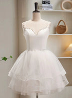 White Pretty A-Line Sweetheart Dual Straps Pearl Tiered Short Homecoming Dress