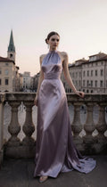 Pretty Halter Neck Sleeveless Fitted Pleated Sweep Train Party Dress