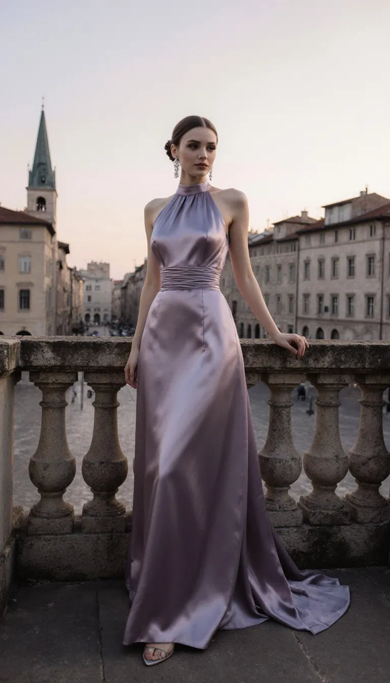 Pretty Halter Neck Sleeveless Fitted Pleated Sweep Train Party Dress