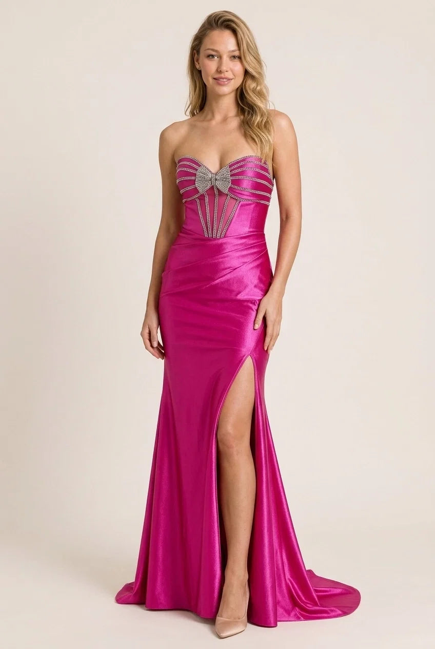 Pretty Mermaid Sweetheart Slit Fuchsia Floor-Length Prom Dress With Rhinestones