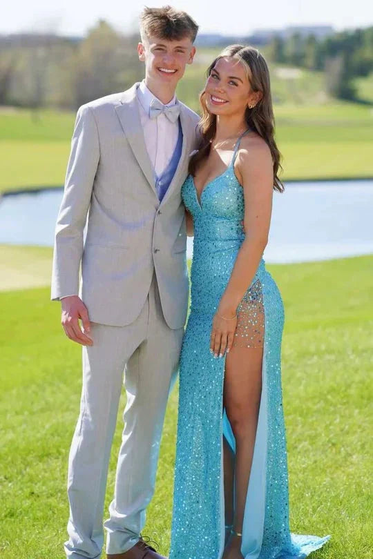 Sequin Mermaid Plunging Spaghetti-Strap Lace-Up Floor-Length Prom Dress