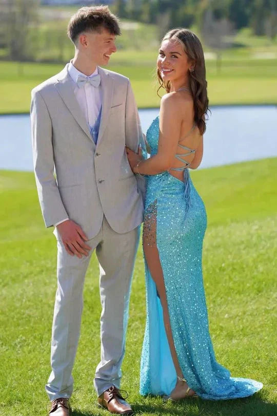 Sequin Mermaid Plunging Spaghetti-Strap Lace-Up Floor-Length Prom Dress