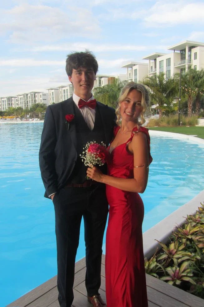 Red Satin Mermaid Ruffle-Shoulder Low-Back Floor-Length Prom Dress