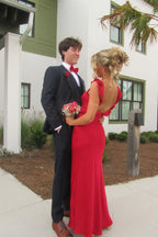 Red Satin Mermaid Ruffle-Shoulder Low-Back Floor-Length Prom Dress