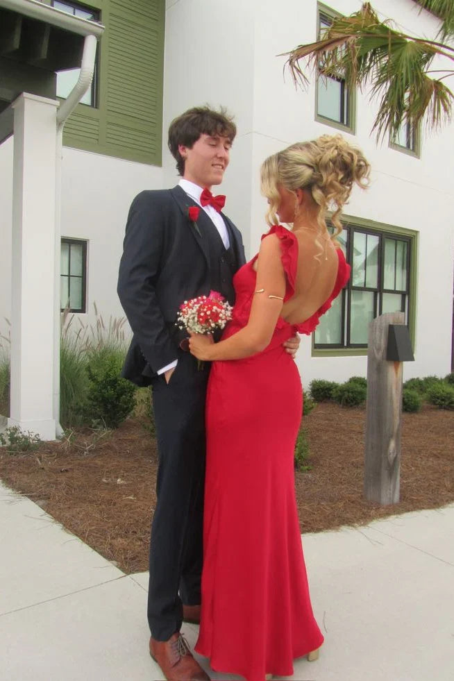Red Satin Mermaid Ruffle-Shoulder Low-Back Floor-Length Prom Dress