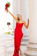 Red Strapless Floral-Appliquéd Mermaid Floor-Length Prom Dress