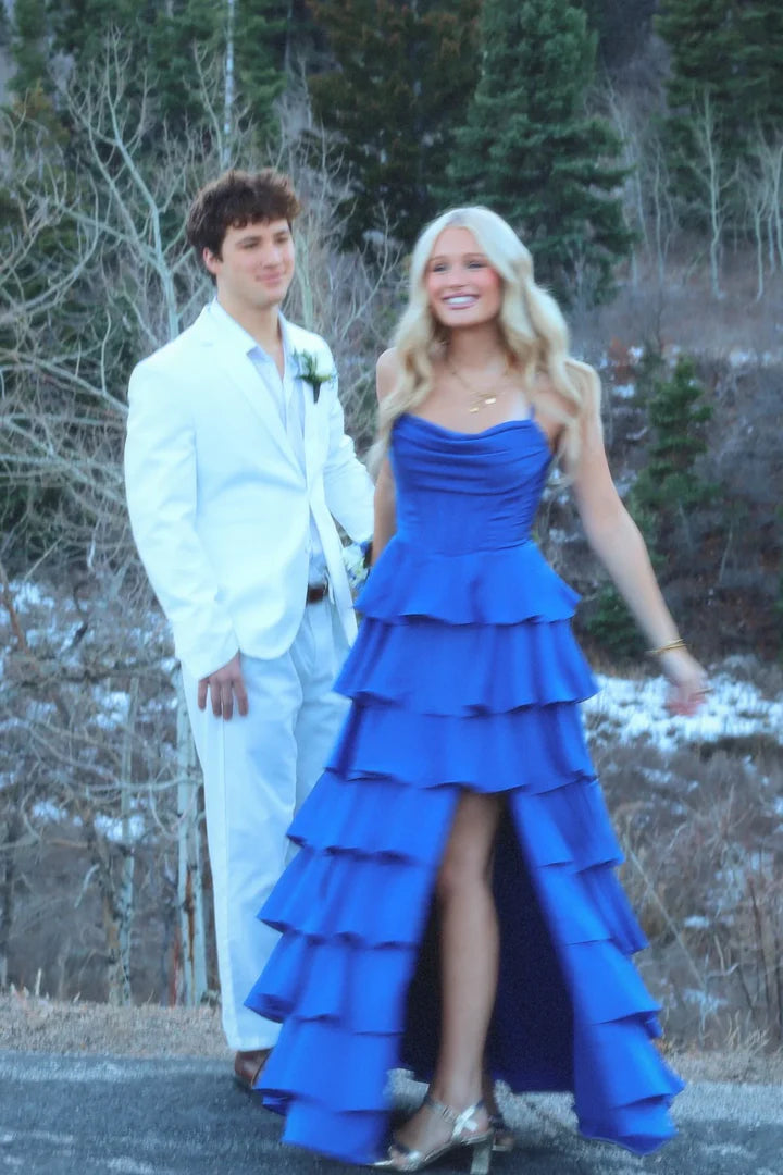 Strapless Tiered Ruffled High-Slit Floor-Length Prom Dress