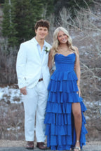 Strapless Tiered Ruffled High-Slit Floor-Length Prom Dress