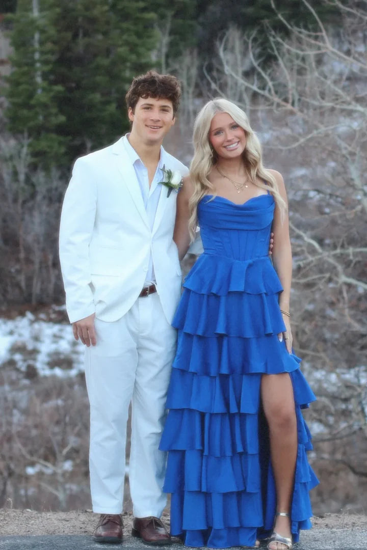 Strapless Tiered Ruffled High-Slit Floor-Length Prom Dress