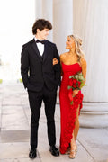 Red Strapless Floral-Appliquéd Mermaid Floor-Length Prom Dress