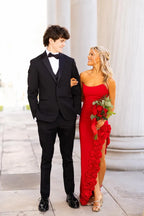 Red Strapless Floral-Appliquéd Mermaid Floor-Length Prom Dress