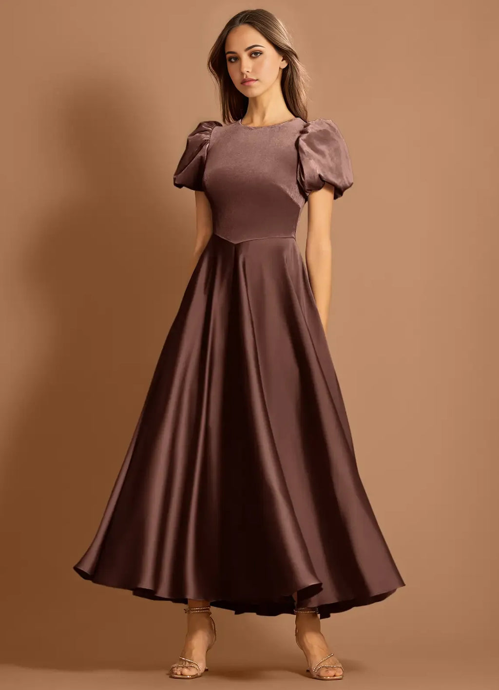 Puff Sleeve Mixed Fabric Fit and Flare Crew Neck Keyhole Back Floor Length Female Prom Dress