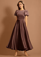 Puff Sleeve Mixed Fabric Fit and Flare Crew Neck Keyhole Back Floor Length Female Prom Dress