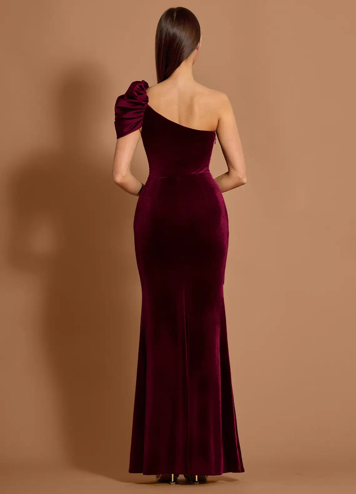 Puff Sleeve One Shoulder Velvet Mermaid Ruched Bodice Open Back Floor Length For Sale Prom Dress