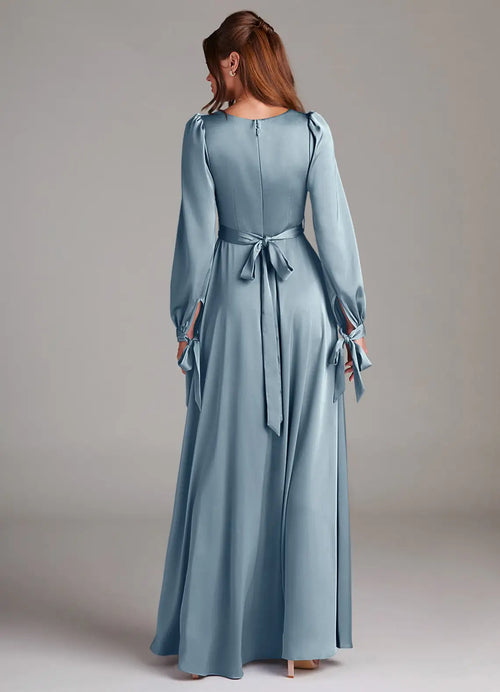 Robe de bal longue en satin à col carré, manches bouffantes, dos avec nœud, fente haute, coupe évasée, grande vente