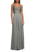 Radiant A Line Plunge Neck Sleeveless Open Back Floor Length Evening Dress