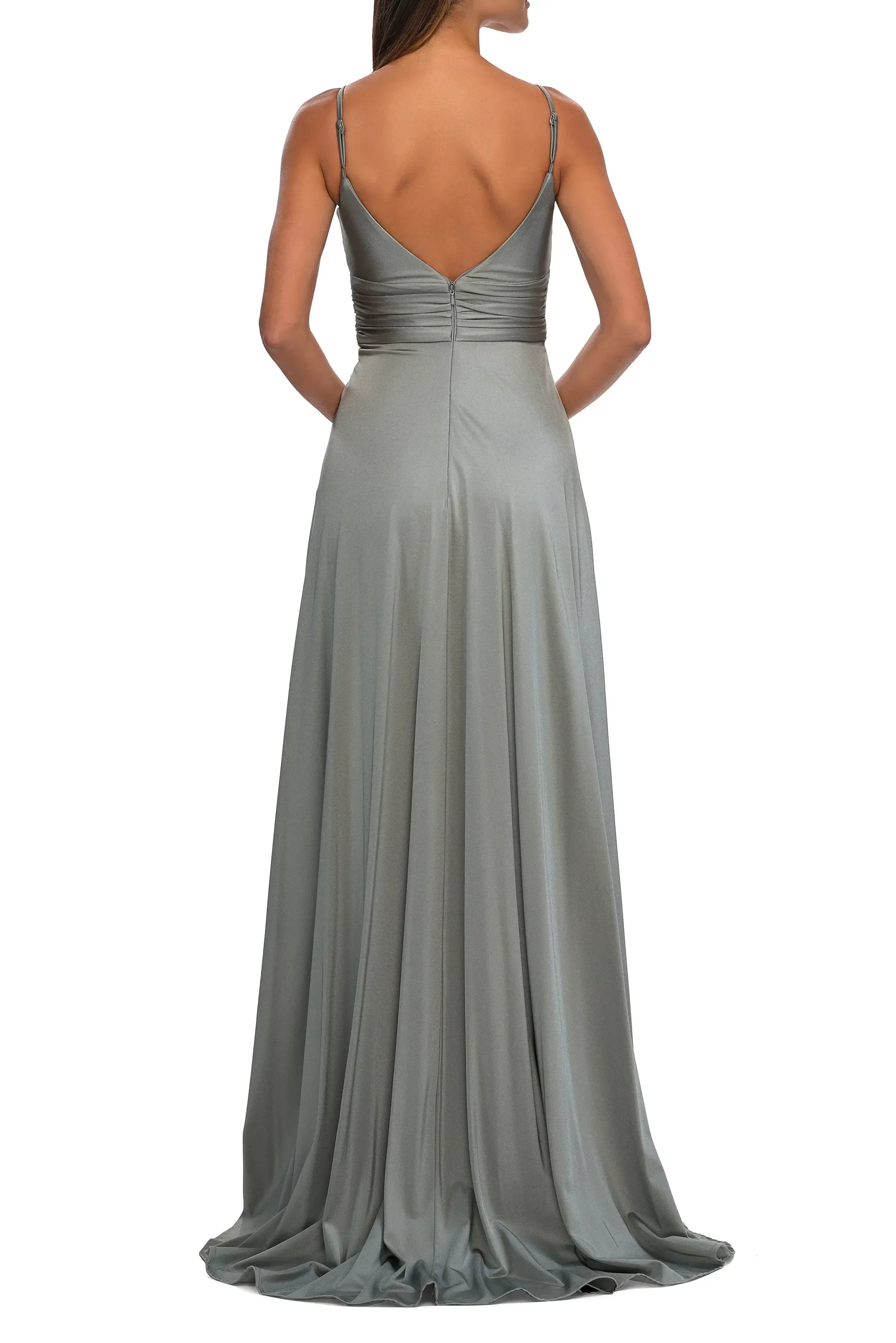 Radiant A Line Plunge Neck Sleeveless Open Back Floor Length Evening Dress