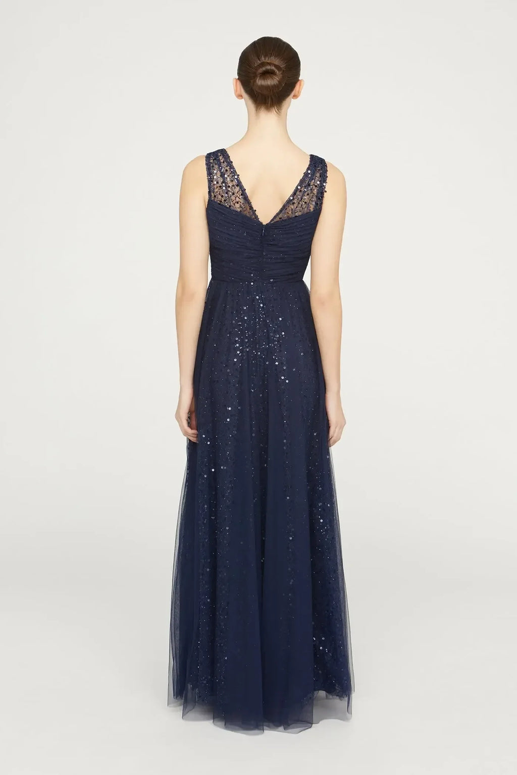 Radiant A Line V Neck Sleeveless Open Back Floor Length Evening Dress