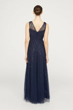 Radiant A Line V Neck Sleeveless Open Back Floor Length Evening Dress