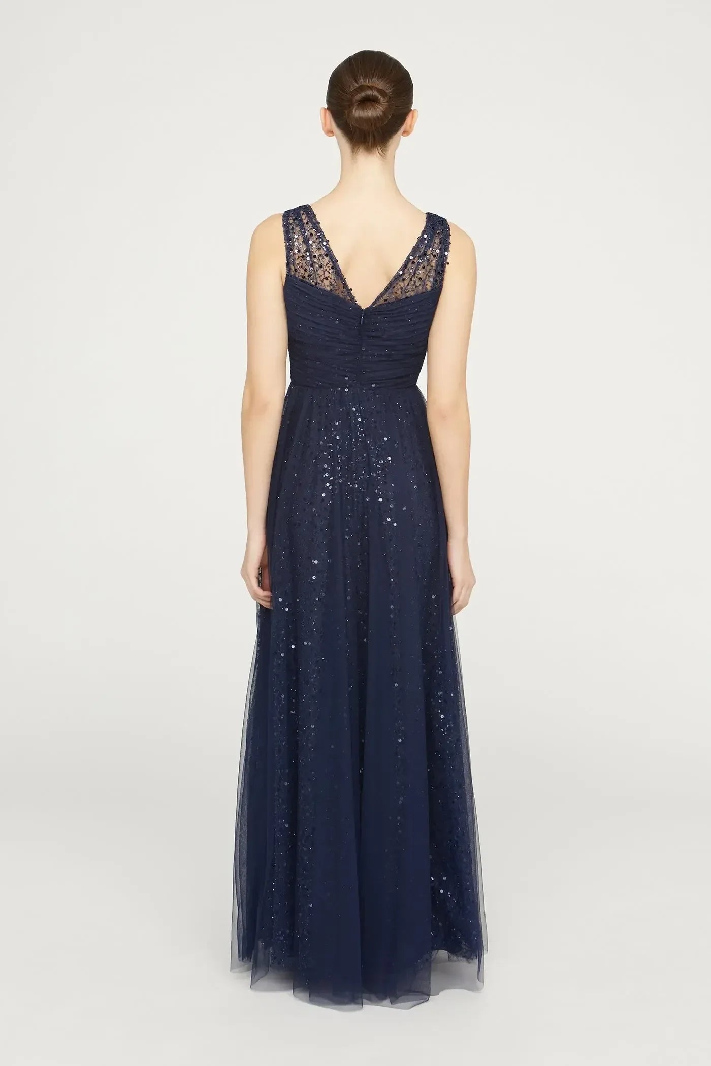 Radiant A Line V Neck Sleeveless Open Back Floor Length Evening Dress