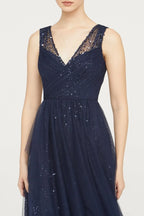 Radiant A Line V Neck Sleeveless Open Back Floor Length Evening Dress