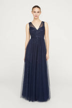 Radiant A Line V Neck Sleeveless Open Back Floor Length Evening Dress